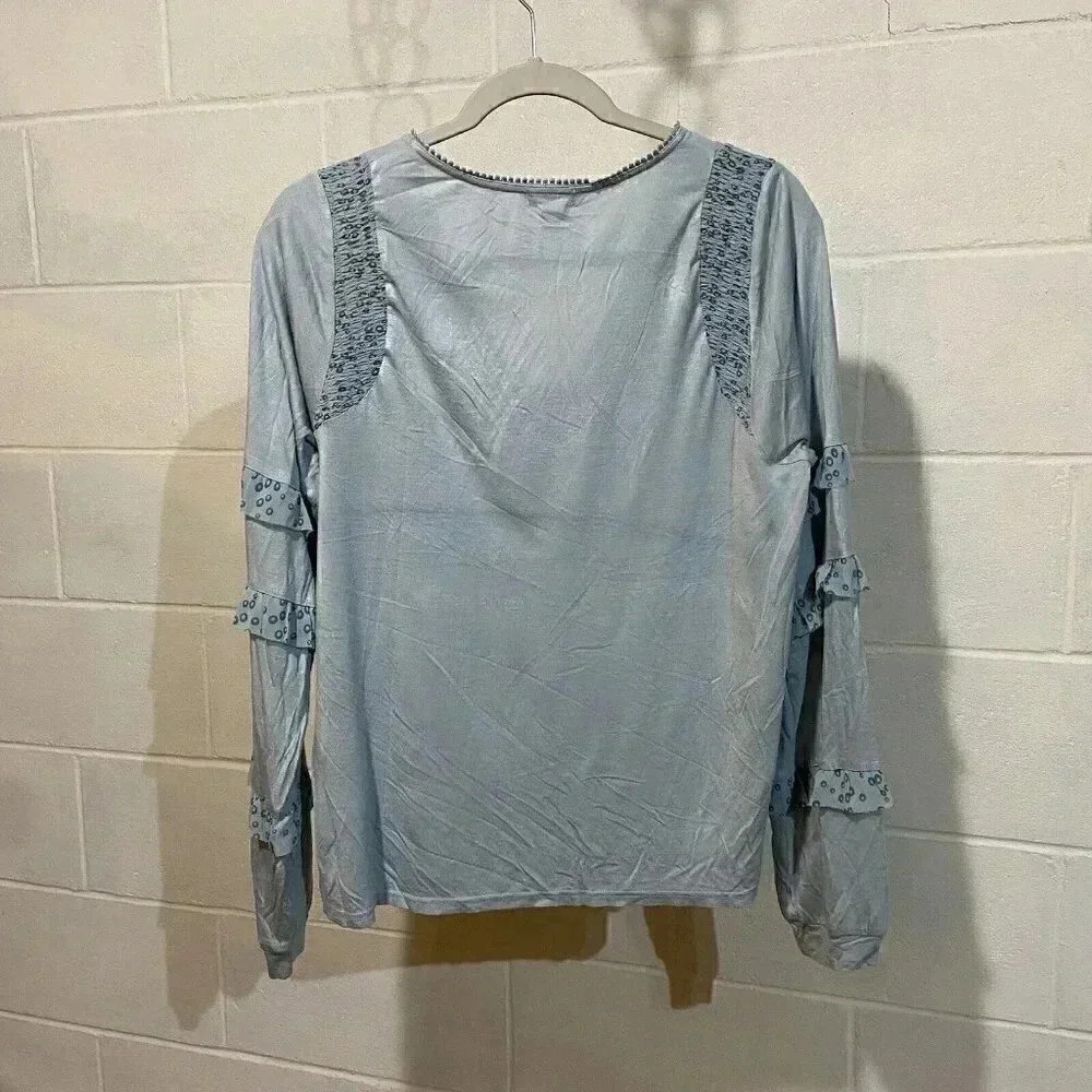 Anthropologie TINY Frances Long-Sleeve Ruffled Top Blue‎ Embroidered Boho Floral - Picture 4 of 9